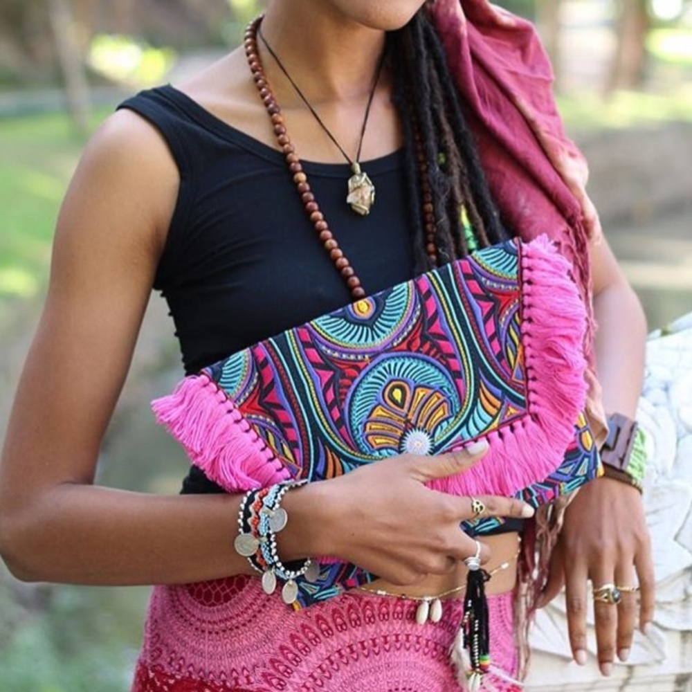 NWT Boho Ibiza pink tassel fringe envelope clutch - Picture 3 of 6